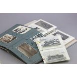 Album of vintage postcards and an album of portrait cards and b/w photographs plus railway