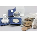 Three £5 cooins including silver plus a bag of pre-decimal coins