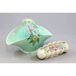 Clarice Cliff Green Flower Basket with Floral Embossed Handle (a/f) together with a Clarice Cliff