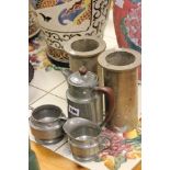 Arts and Crafts Pewter Three Piece Service and Bronze Steam Engine Piston Sleeves and