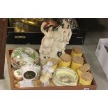 Tray Mixed Ceramics including Staffordshire Flatback, Herb Jars, Continental Figures, etc
