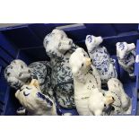 Pair of Staffordshire Mantle Dogs plus Two Pairs of Reproduction Blue and White Staffordshire Mantle