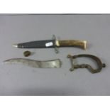 Horn Handled Knife with Sheath together with an Eastern Knife with Brass Handle (a/f)