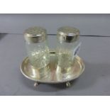 White Metal and Glass Condiment Set on Stand
