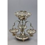 Victorian Silver Plated Epergne with Central Pierced Bowl surrounded by three hanging pierced