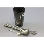 Mr Punch Button Hook plus other Plated Cutlery and a Plated Beaker