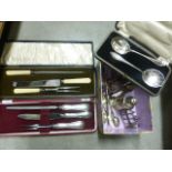 Two Cased Carving Set, Cased Serving Spoons, Silver Plated Sugar Shaker, Toast Rack, Cruets, etc