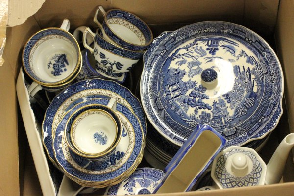 Booths Old Willow Sandwich Plate, Six Tea Plates, Five Saucers, Five Cups and Sugar Bowl plus