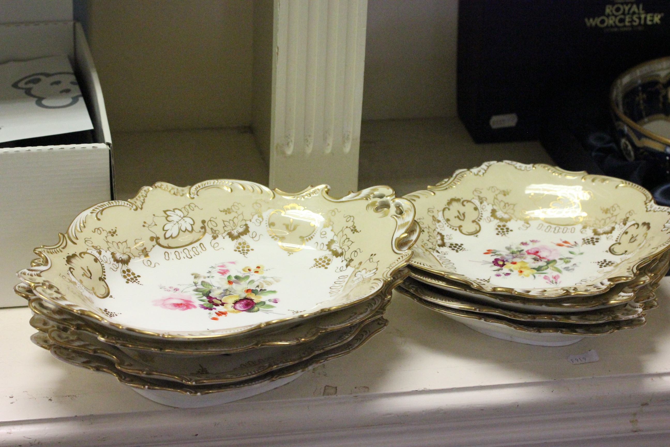 Victorian Rockingham Style Floral Dessert Service, each piece with floral handpainted central panels