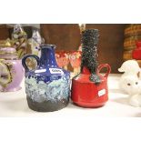 Two West German Fat Lava Single Handled Jars, one Red and one Blue