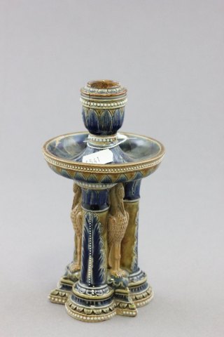 Victorian Doulton Lambeth Stoneware Candlestick with Three Cranes to Columns, dated 1875 and with