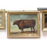 Gilt Framed Oil on Board of Prize Winning Bull entitled '1st Prize, Lewes, Hailsham & Rye 1837'