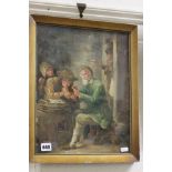 Gilt Framed Oil on Panel Medieval Scene Figures in a Tavern