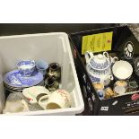 Two Tubs of Mixed Ceramics including Spode Blue and White, Two Ewenny Pots, Various Tea Sets, etc
