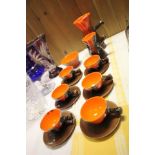 Vallauris Art Pottery Orange / Brown Glazed Coffee Set with Six Cups, Six Saucers, Milk Jug, Sugar
