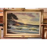 Large Late 20th century Oil on Canvas, Waves breaking on a shoreline, indistinctly signed