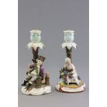 Pair of 19th century Sitzendorf Candletsicks, Girl with Goat and Wood Cutter Boy