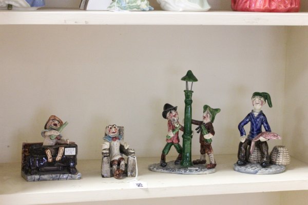 Four Runnaford Pottery Will Young Widecombe Fair Figures including Uncle Tom Cobley in Stocks, Two