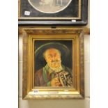 Gilt Framed Oil on Board of a German Man holding a Beer Steiner signed E S Lindner