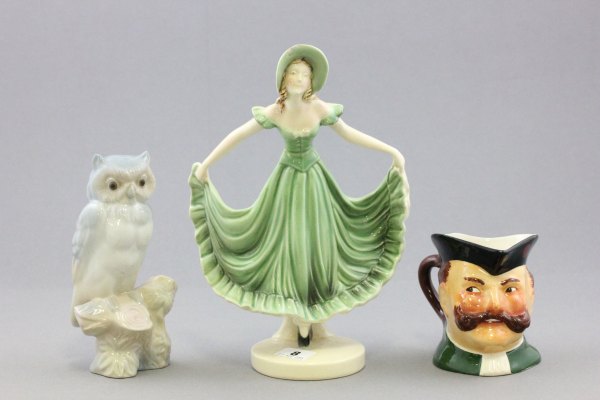 Art Deco Figurine, Lladro Style Owl and a Jimmy Edwards Character Jug