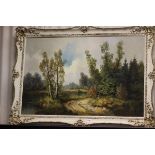 Gilt and Painted Ornate Framed Oil on Canvas of Lake and Woodland Scene, signed by German artist H