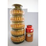 West German Green / Brown Cylindrical Vase together with a Smaller West German Red / Orange