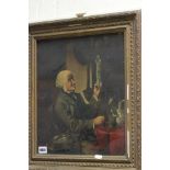 Gilt Framed Oil on Canvas depicting a Victorian Gentleman cleaning his Antiques, unsigned