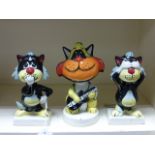 Three Lorna Bailey Cats - See No Evil, Say No Evil and Guitar Player (a/f)