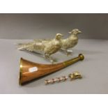 Pair of White Metal Peacocks, Copper & Brass Hunting Horn and a Die Cast Model of the Royal