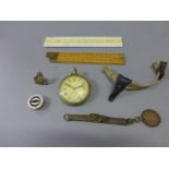 World War Pocket Watch marked to reverse G.S.T.P T41212, Folding Wooden rule, Cap Badge, Medals,