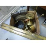 Box of Mixed Brassware to including Warming Pan, Fire Irons, Fender, etc