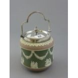 19th century Wedgwood Three Colour Jasper Dip Biscuit Barrel with Plated Lid and Swing Handle