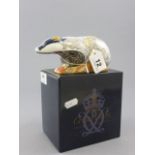 Boxed Royal Crown Derby Paperweight 'Woodland Badger' with gold stopper