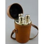 Cylidrical Leather Case containing Three Hip Flasks