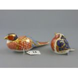 Two Royal Crown Derby Paperweights 'Pheasant' and 'Robin', both with Gold Stoppers