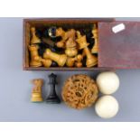 Boxed Ebony & Boxwood Chess Set, Two Snooker Balls and a Carved Wooden Puzzle Ball