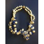 Double String Pearls and Circle Pearl Necklace with Blue & White Crystals in-between