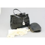 Vintage Black Crocodile Skin Handbag and Clutch Bag plus a Silk Sling and a Crochet Shoulder Cover