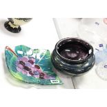 Large Caithness Dark Iridescent Glass Bowl together with Hand Made Italian Glass Shallow Bowl with