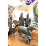 Four Bronze Chinese Warriors and a Tang Style Horse