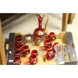 Ruby Glass and Gilt Overlay Claret Jug plus Various Matching Balloon Glasses together with Two Glass