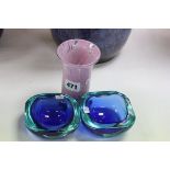 Mdina Pink Glass Vase and Two Art Glass Bowls