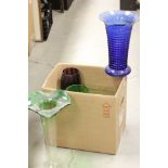 Large Hand Blown Green Glass Goblet, Blue Ribbed Glass Vase, Clear and Green Glass Trumpet Vase