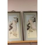 Pair of signed Chinese Pictures of Peacocks made with Shell and Real Figures together with a