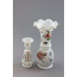 Two Floral Decorated Vaseline Glass Vases