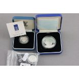 Three cased silver proof coins including £5