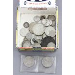 Cigar box with mixed silver coins and a Cartwheel