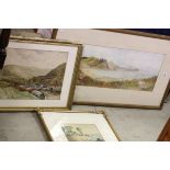 Watercolour of Moorland Landscape, Large Watercolour of Sheep by a Coastal Scene and a Good Gilt