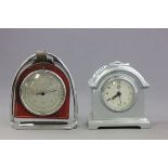 Small Barometer marked SB set in a Stirrup together with a Small White Metal Cased Mantle Clock