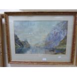 Framed and Glazed Watercolour of a Steamer Boat and Rowing Boat on River in Mountainous Landscape,